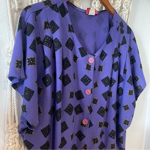 Vintage Purple Button-Up Top Bold Geometric Print SZ L - Eclectic Indie Unique - Picture 2 of 6